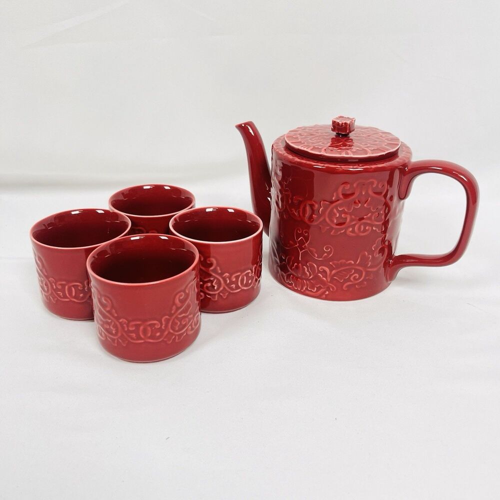 Teavana Rohan Pattern Red Ceramic 5 Pc Teapot Lid & 4 Cups Embossed Small Chip